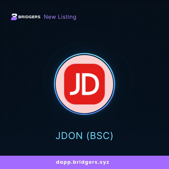 The image is a promotional graphic from Bridgers announcing the new listing of **$JDON (BSC)**. It features the JDON token logo centered against a dark background with a glowing ring effect, with "BRIDGERS New Listing" at the top and the website "dapp.bridgers.xyz" highlighted in a purple banner at the bottom. The design aligns with the post's announcement by visually emphasizing JDON's availability for cross-chain routing on the Bridgers platform.