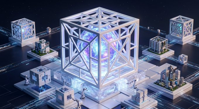 A glowing central cube structure containing a vibrant purple and blue energy core, surrounded by smaller architectural modules and interconnected data pathways, represents the idea of a modular "core" framework that supports diverse building projects in the Web3 space. The image visually echoes the post's message about Nucleus providing a foundational, versatile starting point so Web3 builders can focus on creation rather than rebuilding core infrastructure.