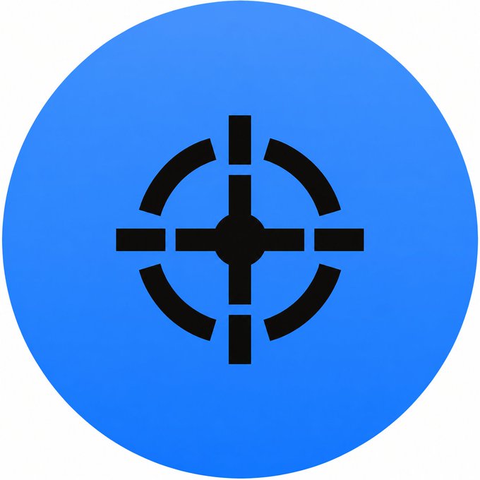 A blue circular icon featuring a black crosshair target symbol with a central dot and four directional lines extending outward.
