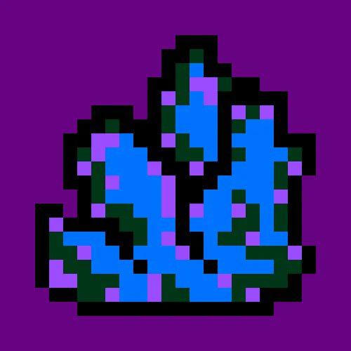 Pixel-art blue rose with a black outline and purple pixel accents set against a solid purple background.