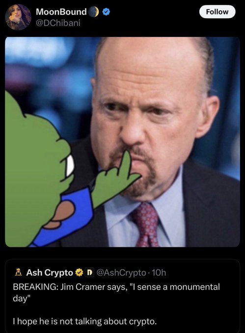 A cartoon frog places a finger on the lips of financial commentator Jim Cramer, accompanied by a quoted tweet from Ash Crypto in which Cramer says "I sense a monumental day," with the user expressing hope it isn't about crypto — matching the user's caption urging Cramer to stay silent.