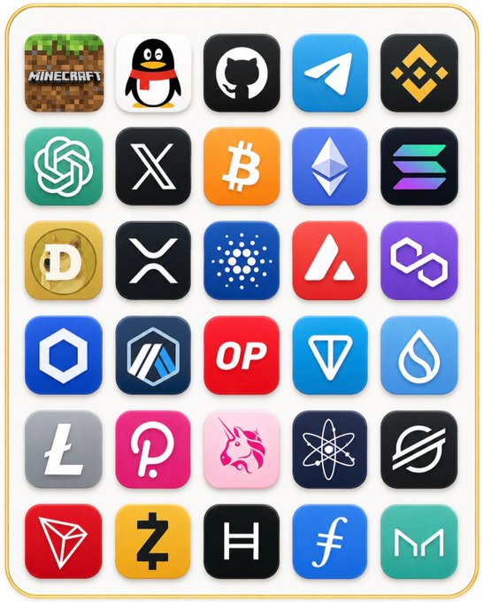 A collection of various cryptocurrency and app icons arranged in a grid, featuring logos like Bitcoin, Ethereum, Dogecoin, and others.
