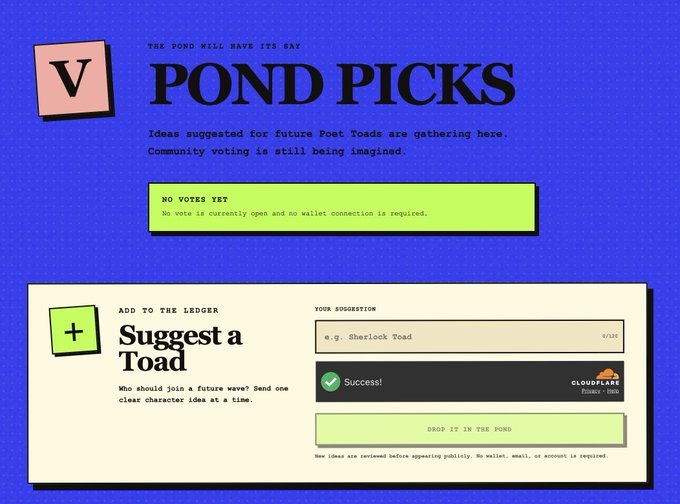 A webpage titled 'POND PICKS' with the tagline 'THE POND WILL HAVE ITS SAY', featuring a 'Suggest a Toad' submission form with a 'Success!' message from Cloudflare.