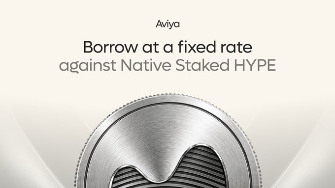 A promotional graphic for Aviya features the text “Borrow at a fixed rate against Native Staked HYPE” above a metallic coin-like design. It illustrates the accompanying post’s message that billions staked on Hyperliquid can be used as collateral for additional margin borrowing.