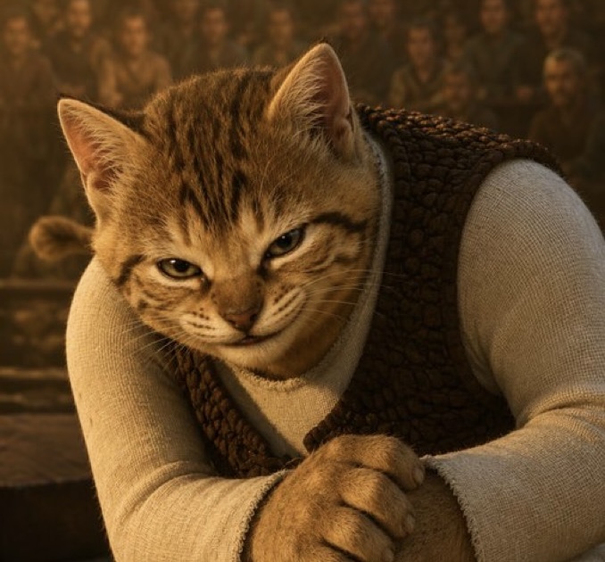 A digital creation featuring a serious-looking tabby cat dressed in a brown vest and white sleeves, posed like a warrior in front of a crowd.