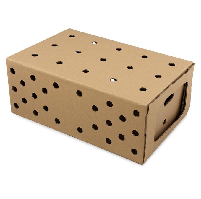 A brown cardboard box with air holes designed for transporting animals like poultry.