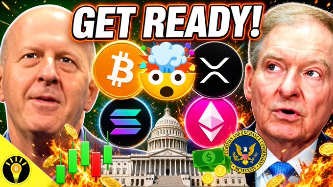 A clickbait thumbnail featuring a shocked emoji alongside cryptocurrency logos (Bitcoin, XRP, Solana, Ethereum), the U.S. Capitol, an SEC seal, candlestick charts, and flames, with bold "GET READY!" text promoting a video about new SEC crypto guidance, a Goldman Sachs XRP ETF, and big bank stablecoin initiatives.