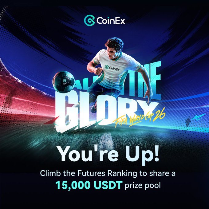 The image features a man playing soccer with a ball, surrounded by a blue background that has a design of a soccer field. The text "You're up!" is written above him, indicating his progress or success in the game. The image also includes a link to a website called CoinEx, which could be related to the sports event taking place. The post suggests that the player might have won a competition and invites others to join by climbing the Futures PNL Ranking to share a prize pool of 15,000 USDT.