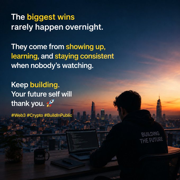 A motivational graphic featuring a person working on a laptop overlooking a city at sunset, with text reading 'The biggest wins rarely happen overnight' along with #Web3 #Crypto #BuildInPublic hashtags.