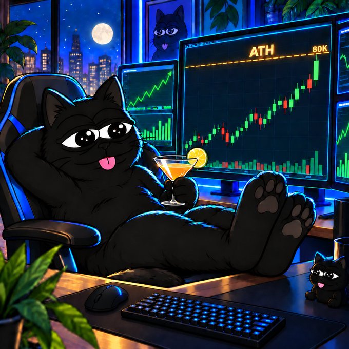 A digital illustration shows a black cartoon cat relaxing in a gaming chair with its feet up, holding a cocktail, while crypto charts display "ATH" and "80K" in the background.