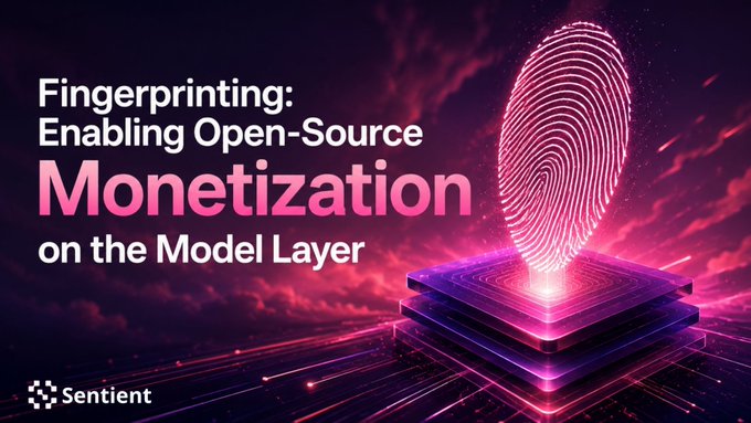 A promotional graphic featuring a glowing pink fingerprint emerging from stacked digital platforms, alongside the text "Fingerprinting: Enabling Open-Source Monetization on the Model Layer" and the Sentient logo, visually representing the company's cryptographic fingerprinting solution for proving AI model ownership.

The post appears to continue past the provided snippet, so additional context about how fingerprints function is not included.