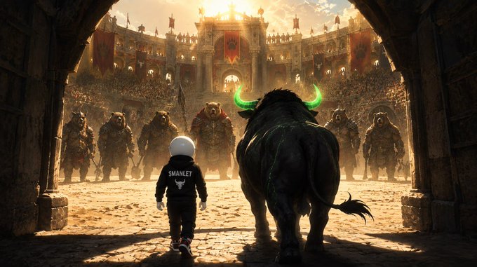 A small figure wearing a shirt reading "MANLET" stands facing a massive bull with glowing green horns, backed by a lineup of armored warriors in a gladiatorial arena. The image visually reinforces the post's bullish crypto narrative, framing $MANLET as a small challenger poised to break out alongside $ANSEM.