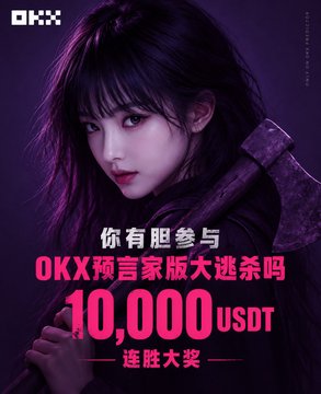 A promotional advertisement featuring a woman with the text 'OKX', '你有胆参与 OKX预言家版大逃杀吗 10,000 USDT 连胜大奖'.