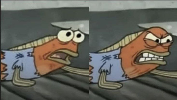 A side-by-side comparison meme of the cartoon fish character from SpongeBob, showing the same character with different facial expressions ranging from wide-eyed shock to angry frustration.