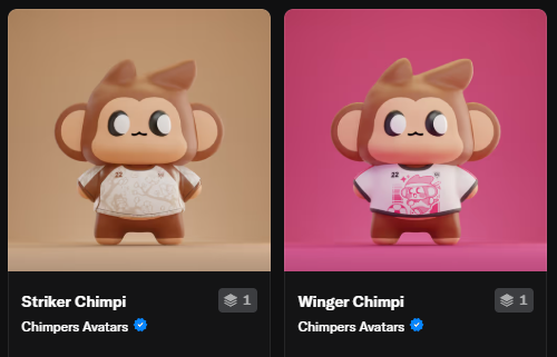 Two NFT avatar listings from 'Chimpers Avatars': 'Striker Chimpi' and 'Winger Chimpi', both monkey-like cartoon characters wearing sports jerseys, each priced at 1 ETH.