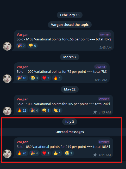 A Discord chat history shows Vargan, the owner, repeatedly selling Variational points in OTC transactions, with the price per point climbing from 6.5$ (6153 points for 40k$) on February 15, to 7$ on March 7, 20$ on May 22, and finally 21$ (880 points for 18k$) on July 3—a 223% gain in four months highlighted in a red box.