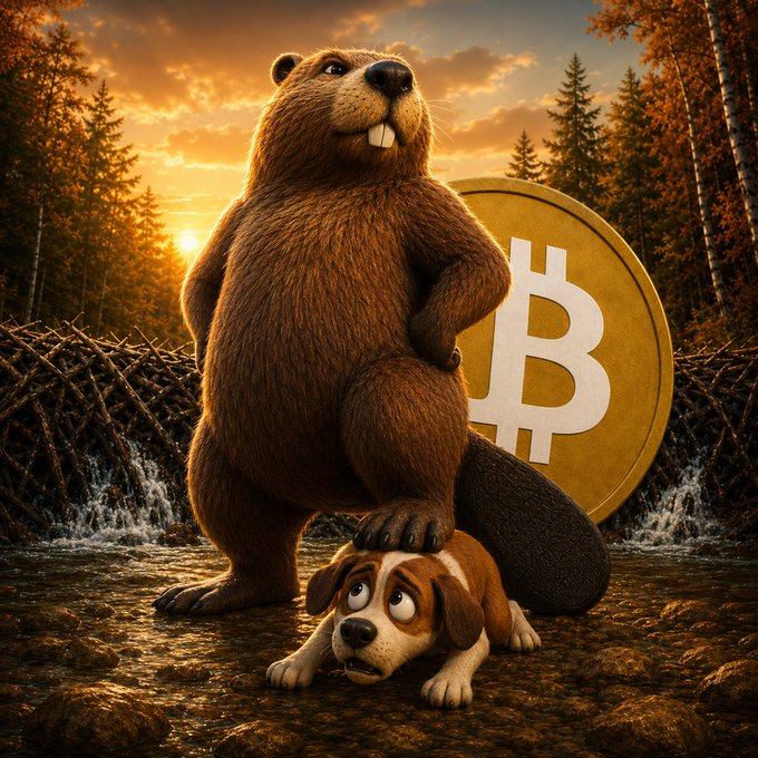 A 3D-rendered illustration of a large brown beaver standing upright with paws on its hips in a forest stream at sunset, with a small worried-looking dog at its feet and a large golden Bitcoin coin prominently displayed beside it.