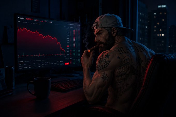 A dark, stylized digital artwork depicting a bearded, shirtless tattooed man smoking a cigar while viewing a red Bitcoin price chart on his computer monitor at night.