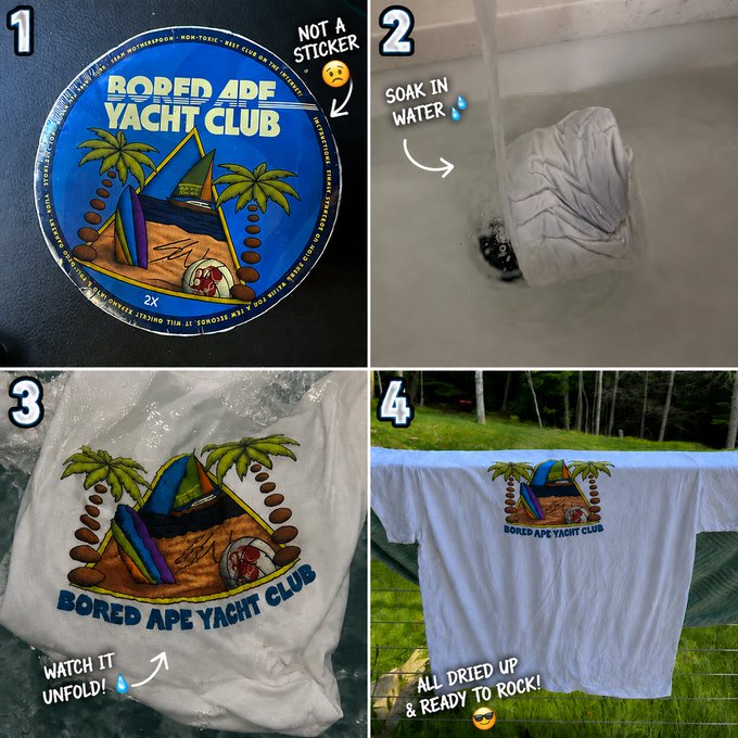 A four-panel image showing the process of transforming a 'Bored Ape Yacht Club' coaster into a t-shirt by soaking it in water, unfolding the design, and hanging it to dry.