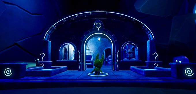 A 3D animated scene shows a small character standing before glowing blue archways in a dark, mystical stone environment with neon symbols.