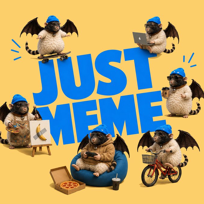 A yellow-background graphic with bold blue text reading 'JUST MEME' surrounded by six cute lemur/chimera-like creatures wearing blue beanies, each engaged in different activities like skateboarding, using a laptop, painting, gaming, riding a bike, and holding coffee.