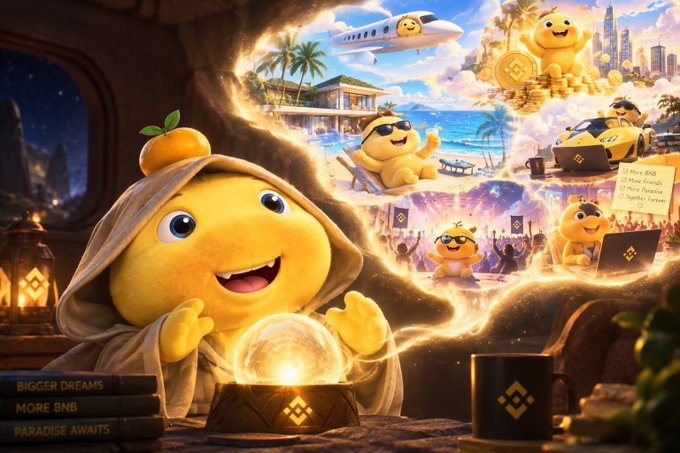 A yellow mascot in a hooded robe gazes into a glowing crystal ball, surrounded by dreamy visions of luxury villas, yachts, sports cars, and golden coins, with books reading 'BIGGER DREAMS,' 'MORE BNB,' and 'PARADISE AWAITS.'