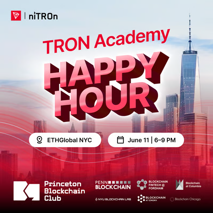 The image features a poster advertising an event at Princeton Blockchain Club. The poster has a city skyline as its background, which adds visual interest to the advertisement. The text on the poster announces that there will be a happy hour for the TRON Academy, where attendees can learn about Web3 and blockchain technology in New York City. The event is scheduled for Saturday, June 11th from 6:00 PM to 9:00 PM at Princeton Blockchain Club.