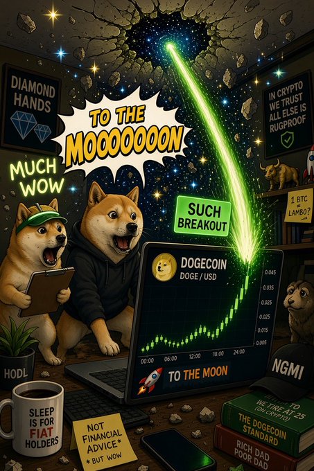 A digital illustration of two Shiba Inu dogs in a room with a laptop showing a Dogecoin (DOGE/USD) price chart skyrocketing, featuring text like "TO THE MOOOOON", "MUCH WOW", "SUCH BREAKOUT", and "TO THE MOON".