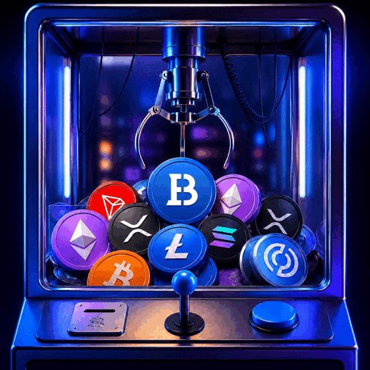 The image features an arcade game that has a bunch of different colored coins, including some Bitcoin coins, scattered around it. The game appears to be designed for playing with these coins, possibly as part of a virtual currency system or a digital token economy. The post encourages users to jump into the game and start playing, suggesting that they should explore this unique gaming experience.