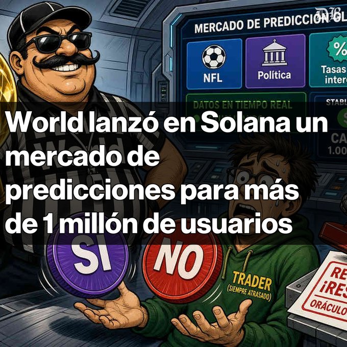 A cartoon depicting a confident figure presenting 'SI' (Yes) and 'NO' (No) buttons alongside a distressed 'TRADER (SIEMPRE ATRASADO)', with a screen showing prediction market categories like 'NFL' and 'Política'.