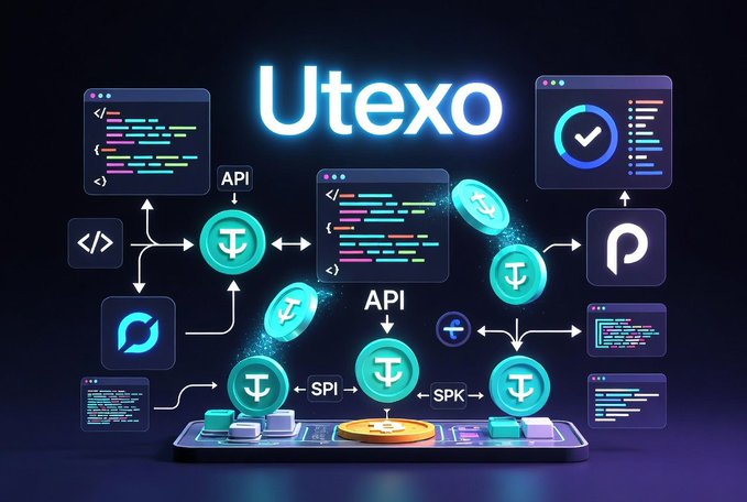 A stylized tech graphic displaying "Utexo" prominently, surrounded by interconnected code windows, API labels, and teal cryptocurrency coins flowing into a central platform with "SPi" and "SPK" endpoints. The image visually represents payment infrastructure and API integrations, which contrasts with the post's critique that the crypto industry over-emphasizes building technical infrastructure while overlooking real-world adoption of stablecoins for everyday cross-border use.
