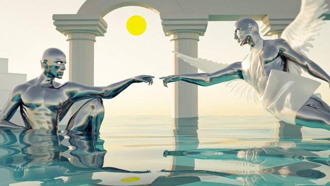 A surreal 3D digital artwork depicting two chrome, metallic humanoid figures partially submerged in water beneath a stone archway, mimicking Michelangelo's 'Creation of Adam,' with one figure on the right having feathered wings.