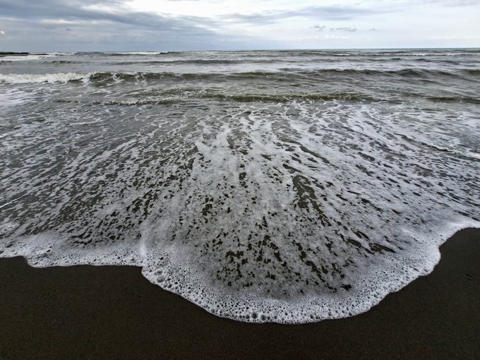 A serene beach scene showing foamy ocean waves washing onto dark, wet sand under a cloudy gray sky.