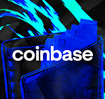 The image features the "coinbase" wordmark in white text on a blue wallet graphic with stylized blue flames in the background, visually reinforcing the accompanying post's mention of William Buller's bullish outlook on Coinbase ($COIN) and Circle amid a broader crypto recovery.