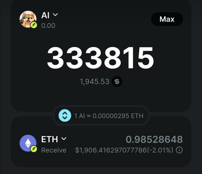 A cryptocurrency wallet app showing a balance of 333,815 AI tokens (~$1,945.53) and an ETH receive balance of 0.98528648 (~$1,906.42).