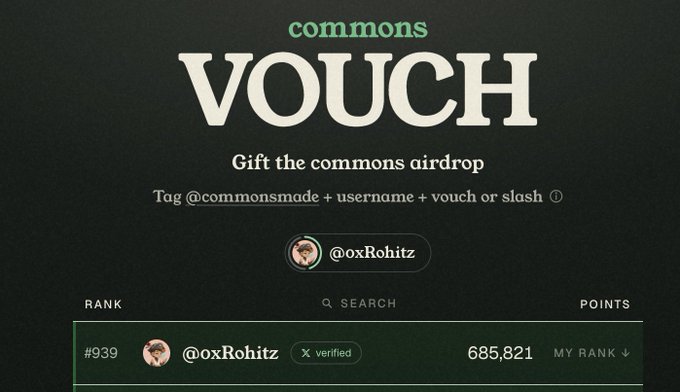 A leaderboard screenshot showing user @oxRohitz ranked #939 with 685,821 points on the "Commons VOUCH" airdrop platform, where users tag @commonsmade with their username to receive a portion of the Commons token airdrop—directly illustrating the post's call for vouches to boost ranking and increase the airdrop reward within the remaining 7-hour window.