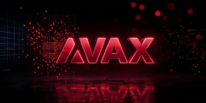 A stylized red neon 'AVAX' logo glows against a dark background with digital grid lines and sparks.