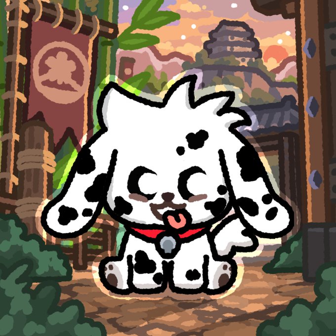 A pixel art illustration of a cute white dog with black spots, its tongue sticking out, wearing a red collar with a bell, set against a traditional Japanese village backdrop at sunset.