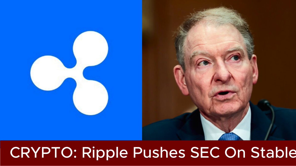 The image features an older man wearing a suit, sitting at a desk with his hands on his lap while looking off into the distance. In front of him, there's a blue banner that says "Crypto: Ripple Pushes SEC On Stablecoin Rules Ripple ( @Ripple ) has asked the SEC Crypto Task Force for clearer treatment of payment stablecoins and tokenized assets under broker dealer regulations". The man appears to be giving a speech or presentation related to this topic.