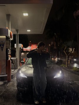 A nighttime scene of a person standing in front of a dark sports car at a gas station, illuminated by its headlights in the rain.