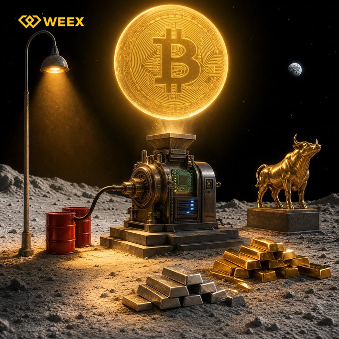 A promotional graphic for WEEEX featuring a golden Bitcoin hovering above a cryptocurrency mining machine, surrounded by gold bars and a golden bull statue on a lunar surface.