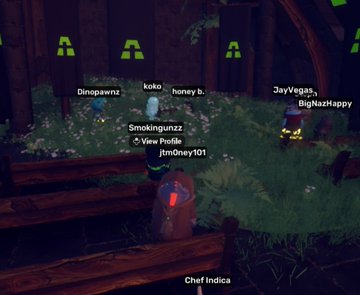 A screenshot of a multiplayer game in a forest setting, showing several avatars with names like "Dinospawnz," "koko," and "JayVegas_BigNazHappy" gathered near glowing green symbols.