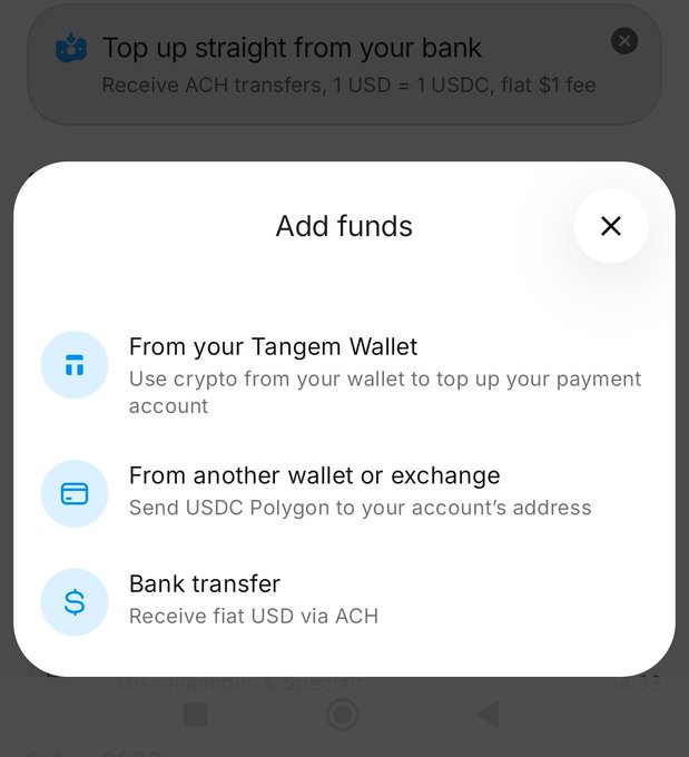 A mobile app interface titled 'Add funds' showing options to top up 'From your Tangem Wallet', 'From another wallet or exchange', or 'Bank transfer', with a banner noting 'Top up straight from your bank'.