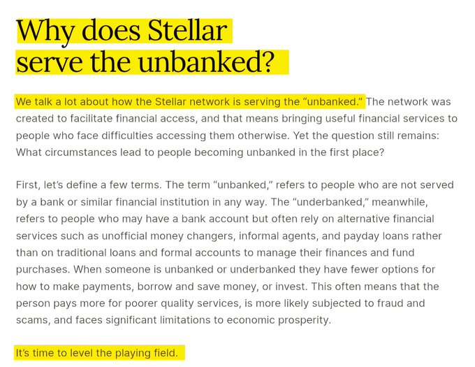 The image features a white background with black text that reads "Why does Stellar serve the unbanked?". The text also includes a yellow block quote, which reads "We talk a lot about how the Stellar network is serving the 'unbanked'".