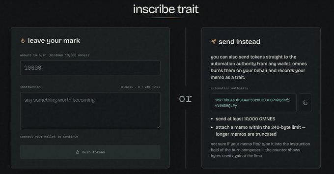 A dark-themed cryptocurrency UI titled 'inscribe trait' with two panels: 'leave your mark' (a burn inscription form with 10,000 minimum) and 'send instead' (instructions for sending tokens via automation authority).