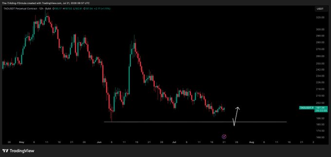 A TradingView 12-hour chart of TAO/USD on Binance shows the price currently at $191.03, down 2.57%, with a white arrow drawn pointing toward a key horizontal support level around $185, indicating an anticipated liquidity sweep before any long entry is taken.