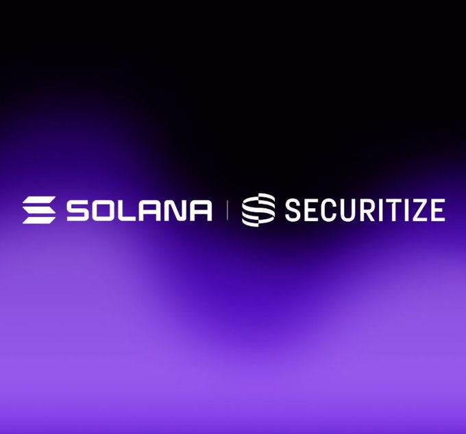 A partnership graphic featuring the "SOLANA" and "SECURITIZE" logos against a gradient purple and black background.