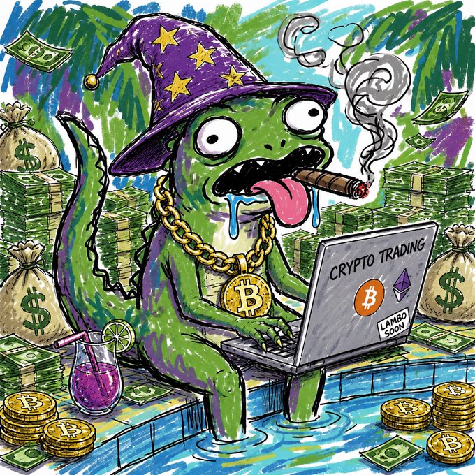 A cartoon green lizard wearing a purple wizard hat with stars and a gold Bitcoin chain smokes a cigar while using a "Crypto Trading" laptop labeled "$LAZI LAMBO SOON," surrounded by stacks of cash, money bags, gold Bitcoin coins, and a tropical cocktail in a pool. The image satirizes the meme token's exaggerated hype of being a "biggest Lizard meme" with promises of riches, "Lambo," and rapid holder growth—using the cigar-smoking, wealthy "lizard in a wizard hat" as a visual mascot for its chaotic, meme-driven crypto culture.