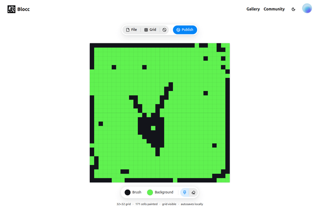 The image shows a website called "Bloc" with a green background featuring a black clock face design. The website appears to be focused on pixel art or digital art, as indicated by its name. It has a white header that reads "Bloc", followed by a description of what the site is about in black text. The main content of the image is a square grid with a green background and a black clock face design.