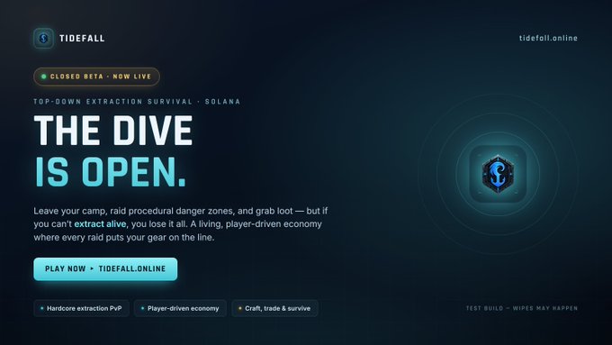 A dark promotional webpage for 'TIDEFALL' announces 'THE DIVE IS OPEN' with status 'CLOSED BETA • NOW LIVE', describing a 'TOP-DOWN EXTRACTION SURVIVAL • SOLANA' game available at tidefall.online.
